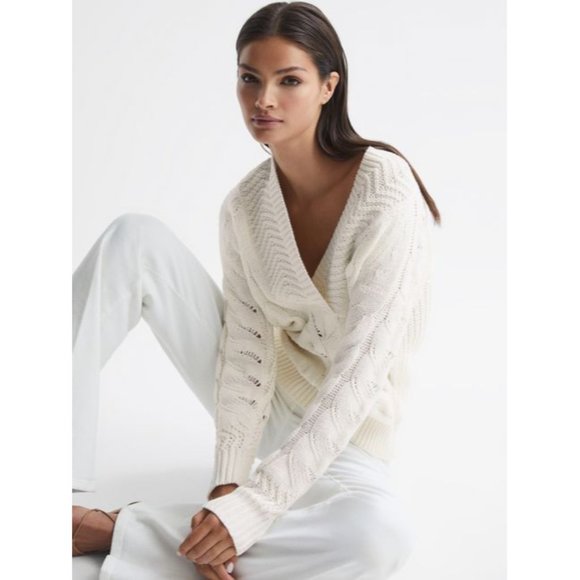 NWOT Reiss Claudine Knit Cable Shawl Neck Jumper Sweater White Ivory Cotton - Picture 2 of 9
